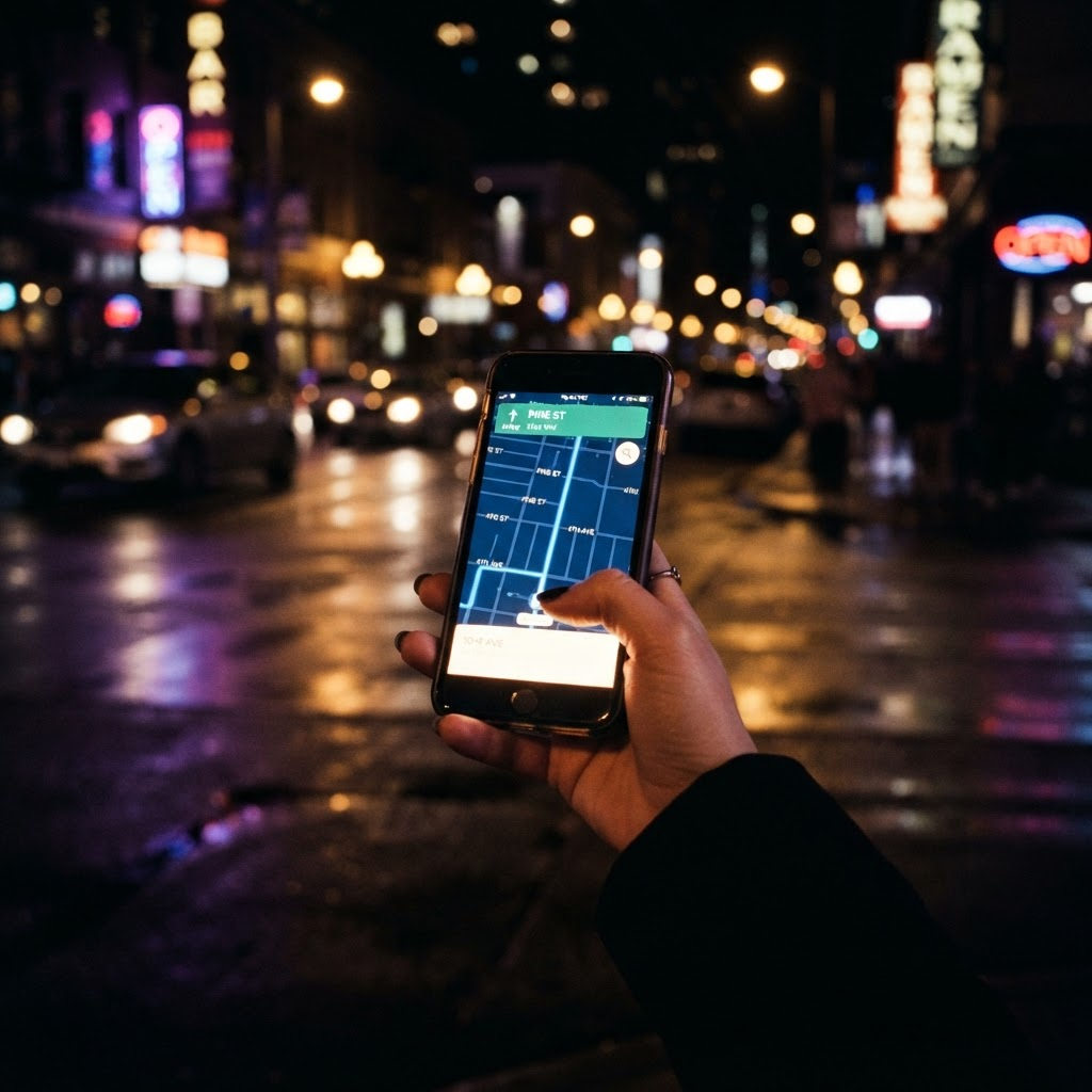 Person holding a glowing smartphone on a city street at night
