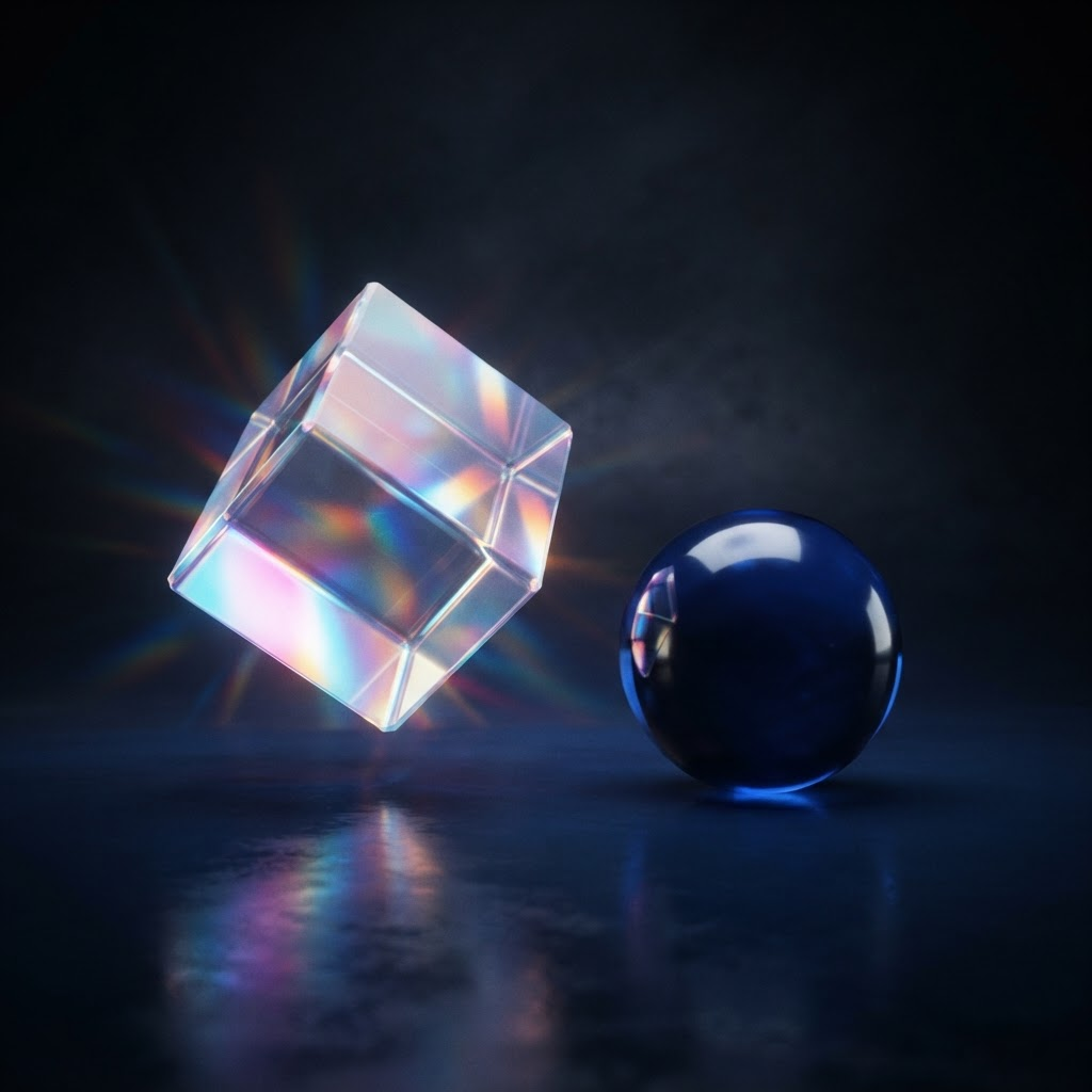 Iridescent glass cube refracting rainbow light beside a blue glass sphere