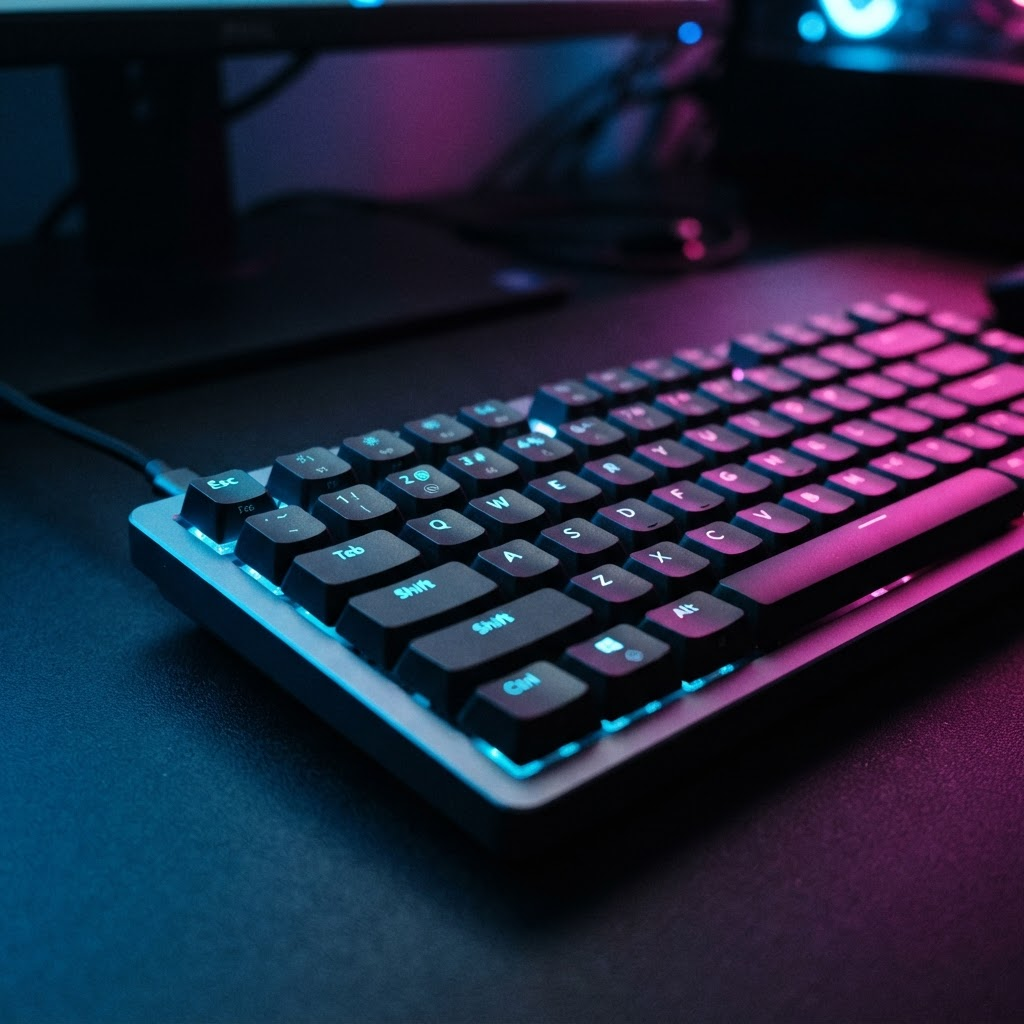 Keyboard lit with neon blue and pink light