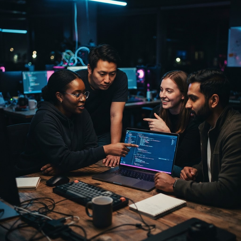 A team of software professionals collaborating in a dark office